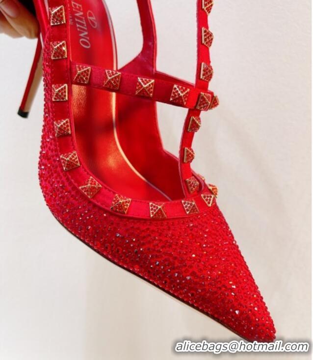 Top Grade Valentino Rockstu Ankle Strap Heel Pumps 9.5cm with Crystals Bright Red 0323078