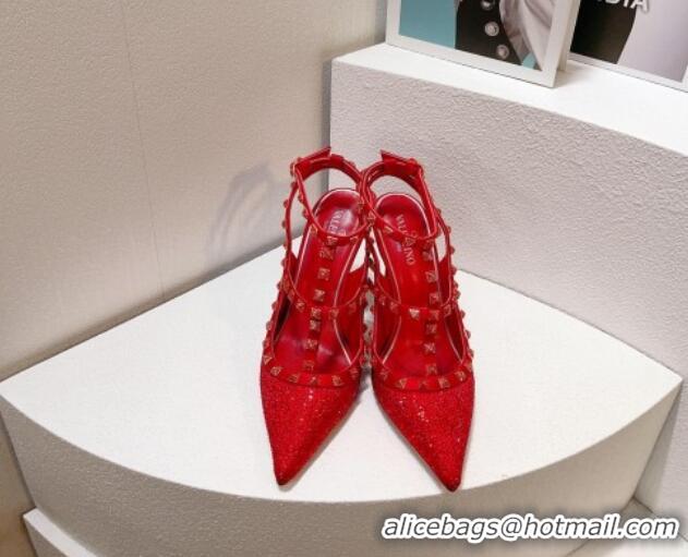 Top Grade Valentino Rockstu Ankle Strap Heel Pumps 9.5cm with Crystals Bright Red 0323078