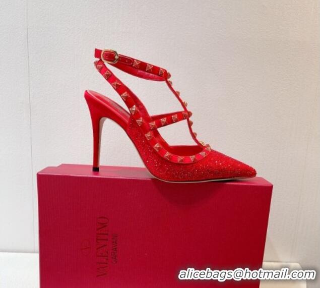 Top Grade Valentino Rockstu Ankle Strap Heel Pumps 9.5cm with Crystals Bright Red 0323078