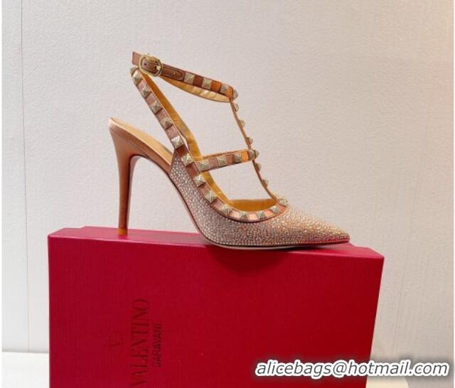 Low Price Valentino Rockstu Ankle Strap Heel Pumps 9.5cm with Crystals Brown 0323079