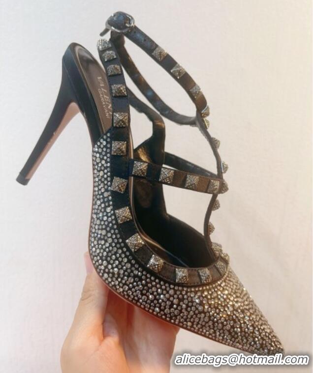 Most Popular Valentino Rockstu Ankle Strap Heel Pumps 9.5cm with Crystals Black 0323080