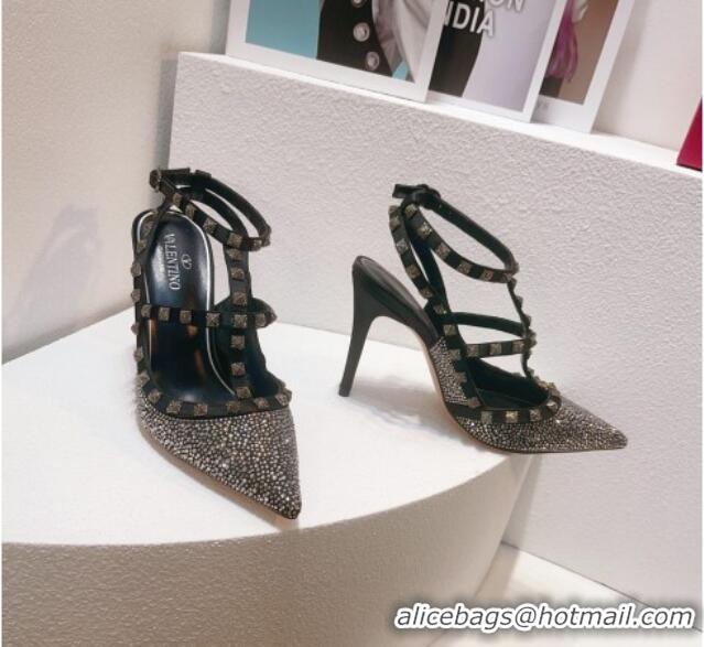 Most Popular Valentino Rockstu Ankle Strap Heel Pumps 9.5cm with Crystals Black 0323080