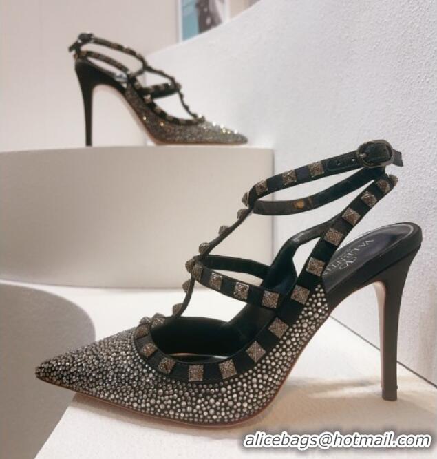 Most Popular Valentino Rockstu Ankle Strap Heel Pumps 9.5cm with Crystals Black 0323080