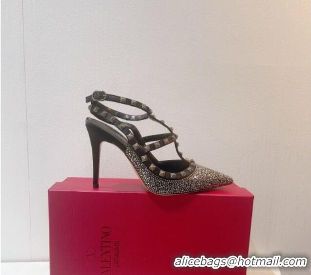 Most Popular Valentino Rockstu Ankle Strap Heel Pumps 9.5cm with Crystals Black 0323080