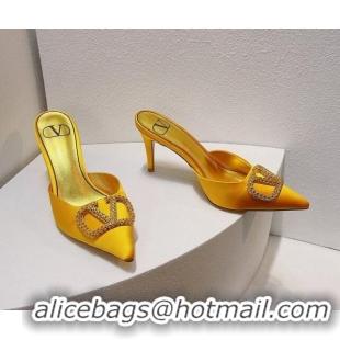 Best Product Valentino Crystal Rockstud Heel Mules 8cm in Satin Yellow 0323082