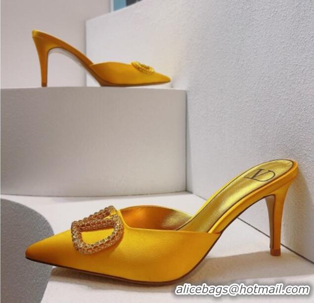 Best Product Valentino Crystal Rockstud Heel Mules 8cm in Satin Yellow 0323082