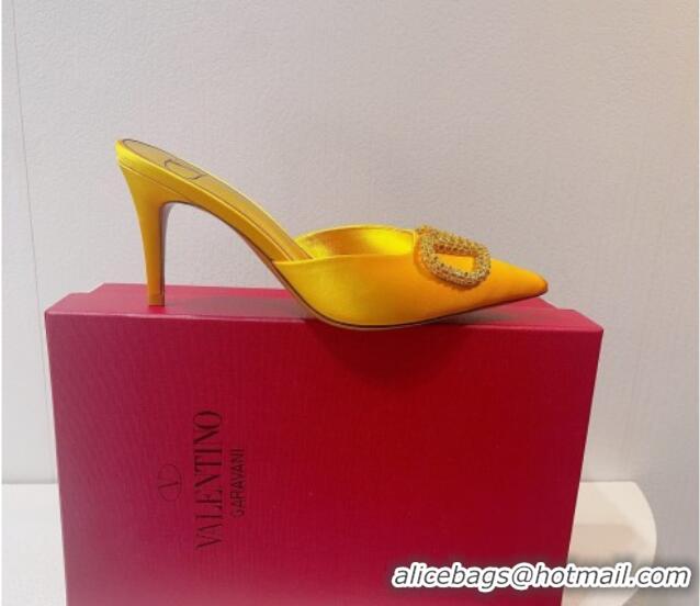 Best Product Valentino Crystal Rockstud Heel Mules 8cm in Satin Yellow 0323082