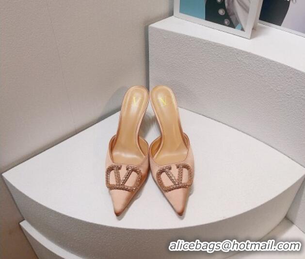 Pretty Style Valentino Crystal Rockstud Heel Mules 8cm in Satin Nude 0323083