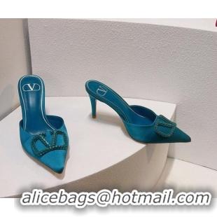 Popular Style Valentino Crystal Rockstud Heel Mules 8cm in Satin Peacock Blue 0323084