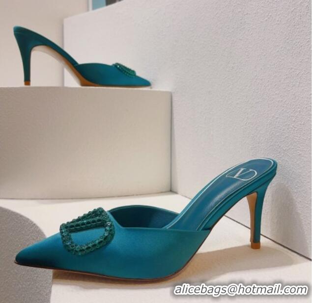 Popular Style Valentino Crystal Rockstud Heel Mules 8cm in Satin Peacock Blue 0323084