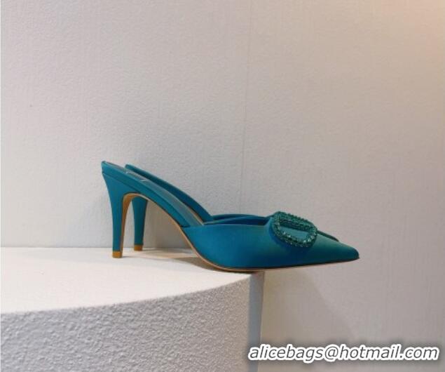 Popular Style Valentino Crystal Rockstud Heel Mules 8cm in Satin Peacock Blue 0323084