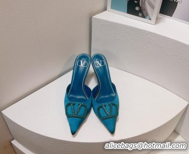 Popular Style Valentino Crystal Rockstud Heel Mules 8cm in Satin Peacock Blue 0323084