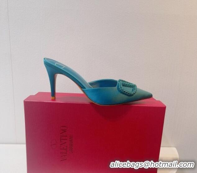 Popular Style Valentino Crystal Rockstud Heel Mules 8cm in Satin Peacock Blue 0323084