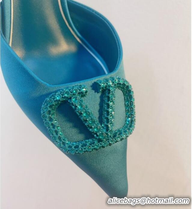 Popular Style Valentino Crystal Rockstud Heel Mules 8cm in Satin Peacock Blue 0323084