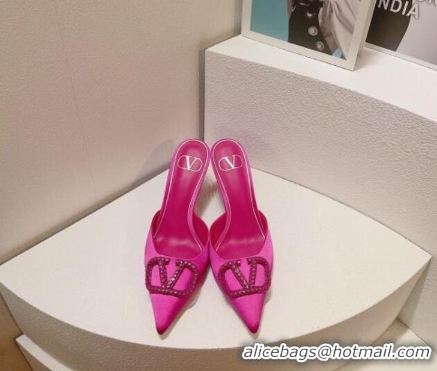 Hot Style Valentino Crystal Rockstud Heel Mules 8cm in Satin Dark Pink 0323085