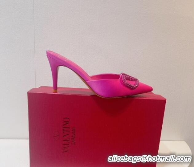 Hot Style Valentino Crystal Rockstud Heel Mules 8cm in Satin Dark Pink 0323085