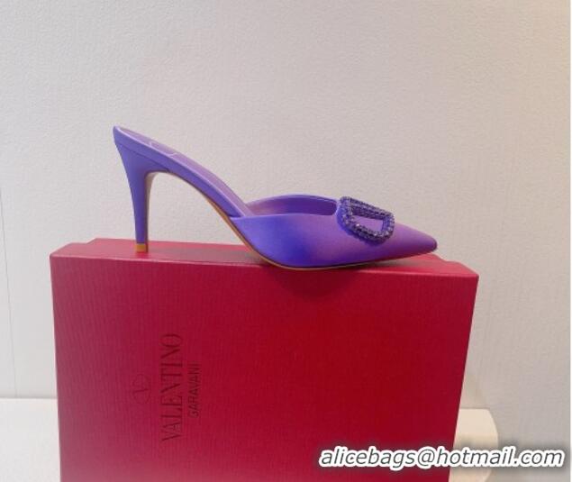 Best Grade Valentino Crystal Rockstud Heel Mules 8cm in Satin Purple 0323086