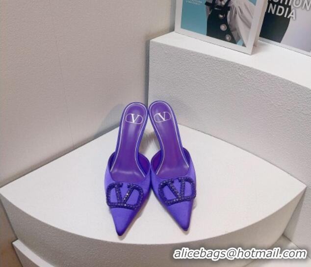 Best Grade Valentino Crystal Rockstud Heel Mules 8cm in Satin Purple 0323086