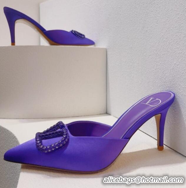 Best Grade Valentino Crystal Rockstud Heel Mules 8cm in Satin Purple 0323086