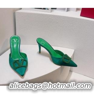 Pretty Style Valentino Crystal Rockstud Heel Mules 8cm in Satin Green 0323087