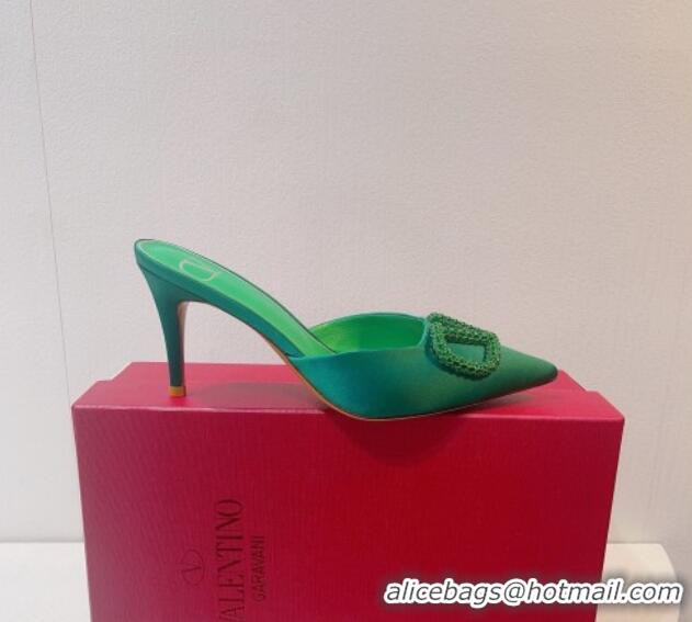 Pretty Style Valentino Crystal Rockstud Heel Mules 8cm in Satin Green 0323087