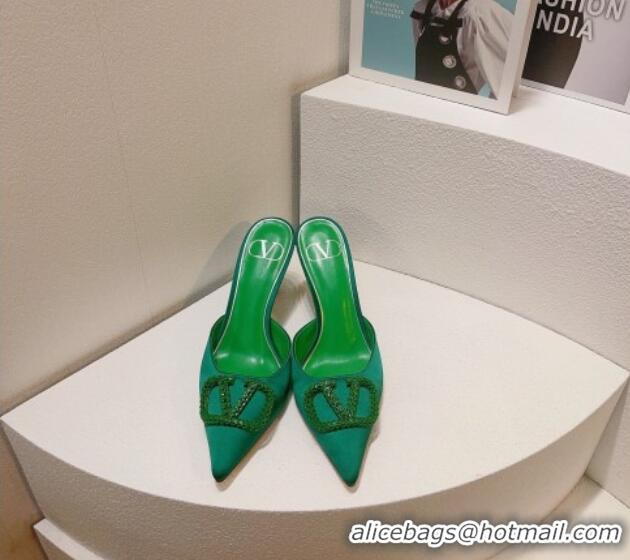 Pretty Style Valentino Crystal Rockstud Heel Mules 8cm in Satin Green 0323087