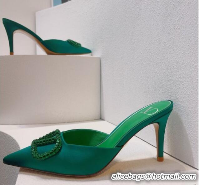 Pretty Style Valentino Crystal Rockstud Heel Mules 8cm in Satin Green 0323087