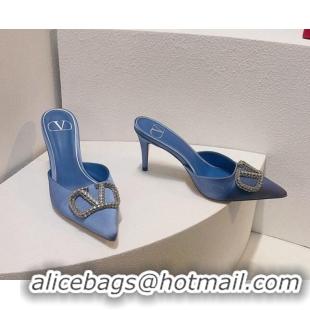 Feminine Valentino Crystal Rockstud Heel Mules 8cm in Satin Light Blue 323088