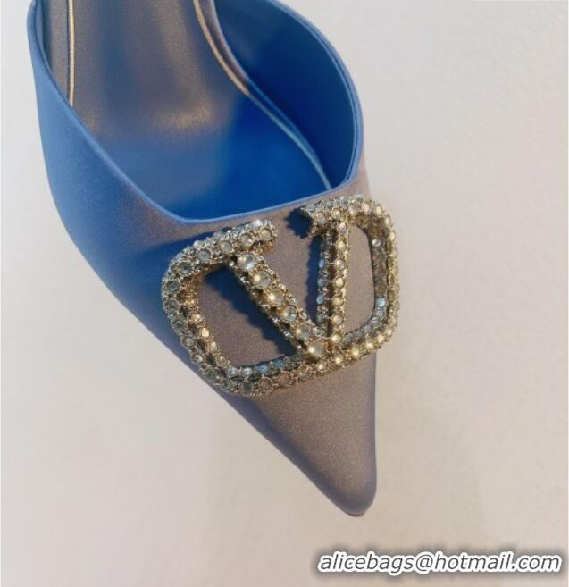 Feminine Valentino Crystal Rockstud Heel Mules 8cm in Satin Light Blue 323088