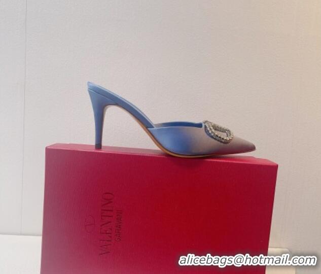 Feminine Valentino Crystal Rockstud Heel Mules 8cm in Satin Light Blue 323088