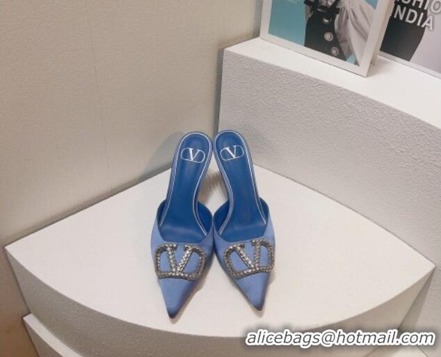 Feminine Valentino Crystal Rockstud Heel Mules 8cm in Satin Light Blue 323088