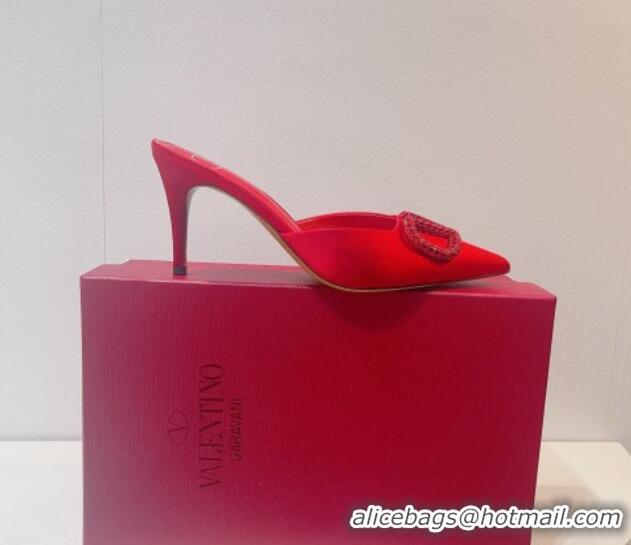 Purchase Valentino Crystal Rockstud Heel Mules 8cm in Satin Red 323089