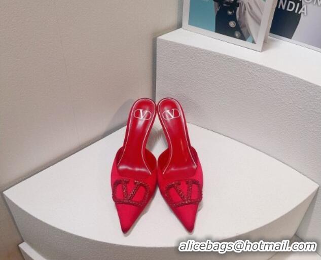 Purchase Valentino Crystal Rockstud Heel Mules 8cm in Satin Red 323089