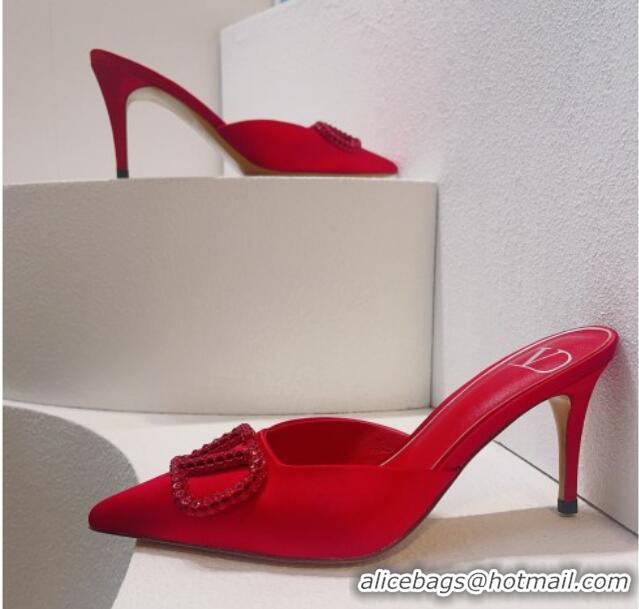 Purchase Valentino Crystal Rockstud Heel Mules 8cm in Satin Red 323089