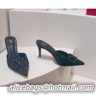 Low Price Valentino Crystal Rockstud Heel Mules 8cm in Satin Black 0323090