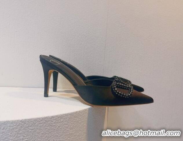 Low Price Valentino Crystal Rockstud Heel Mules 8cm in Satin Black 0323090