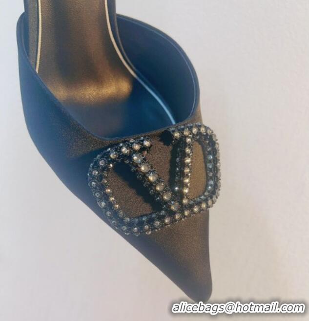 Low Price Valentino Crystal Rockstud Heel Mules 8cm in Satin Black 0323090