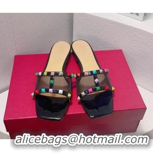 Good Looking Valentino Rockstud Flat Slide Sandals in Patent Leather and mesh Black/Multicolor 323091