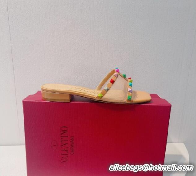 Top Design Valentino Rockstud Flat Slide Sandals in Patent Leather and mesh Nude/Multicolor 0323092