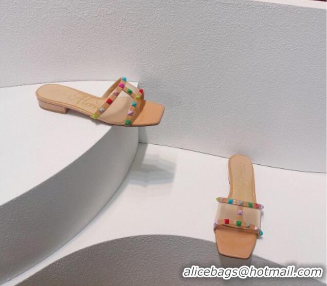 Top Design Valentino Rockstud Flat Slide Sandals in Patent Leather and mesh Nude/Multicolor 0323092