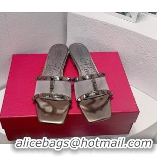 Most Popular Valentino Rockstud Flat Slide Sandals in Patent Leather and mesh Grey 0323093