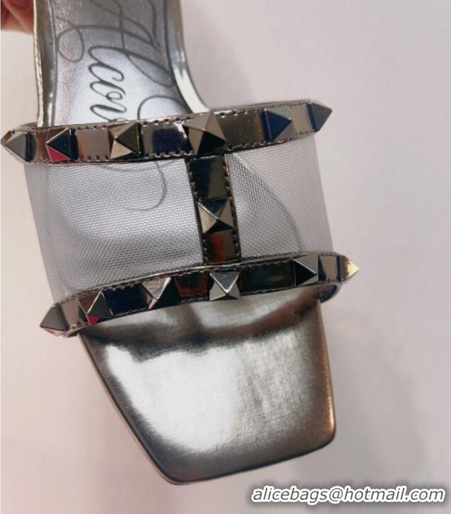 Most Popular Valentino Rockstud Flat Slide Sandals in Patent Leather and mesh Grey 0323093