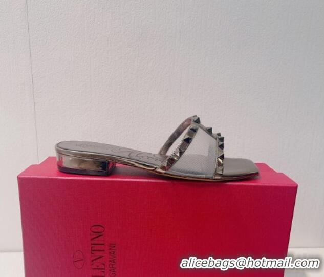 Most Popular Valentino Rockstud Flat Slide Sandals in Patent Leather and mesh Grey 0323093