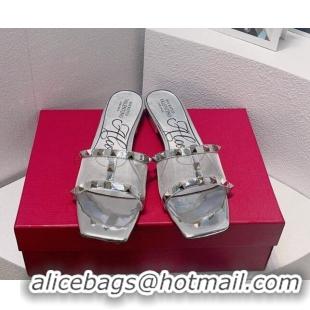 Good Quality Valentino Rockstud Flat Slide Sandals in Patent Leather and mesh Silver 0323094