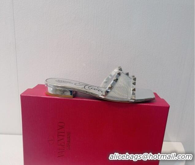 Good Quality Valentino Rockstud Flat Slide Sandals in Patent Leather and mesh Silver 0323094