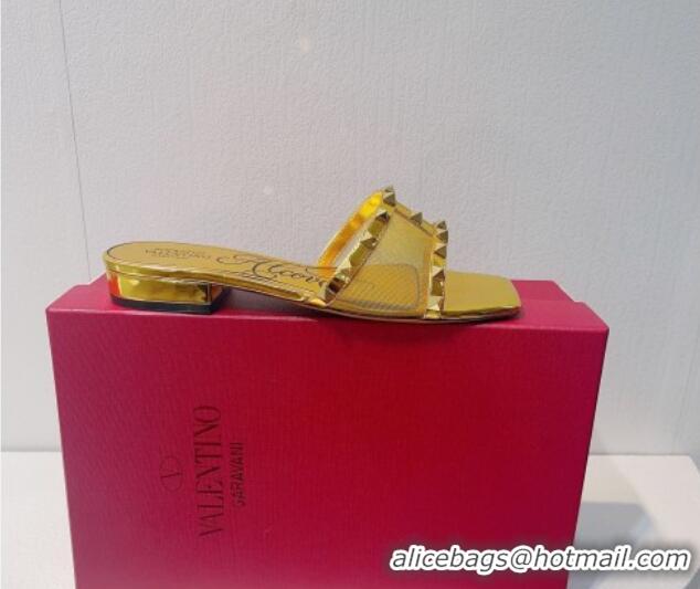 Top Grade Valentino Rockstud Flat Slide Sandals in Patent Leather and mesh Gold 0323095