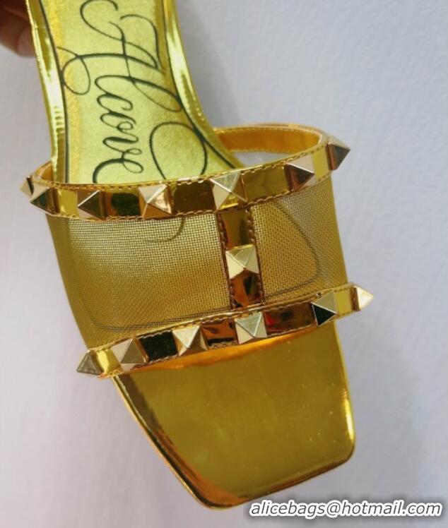 Top Grade Valentino Rockstud Flat Slide Sandals in Patent Leather and mesh Gold 0323095