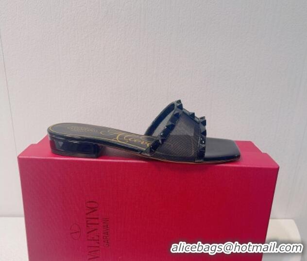 Grade Quality Valentino Rockstud Flat Slide Sandals in Patent Leather and mesh Black 0323097