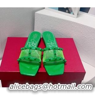 Best Grade Valentino Rockstud Flat Slide Sandals in Patent Leather and mesh Green 323098