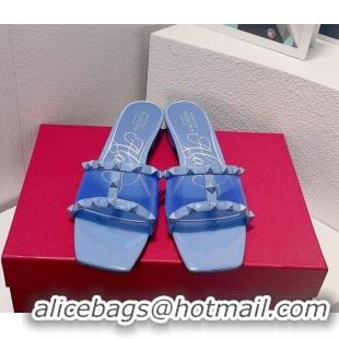 Best Product Valentino Rockstud Flat Slide Sandals in Patent Leather and mesh Light Blue 323099